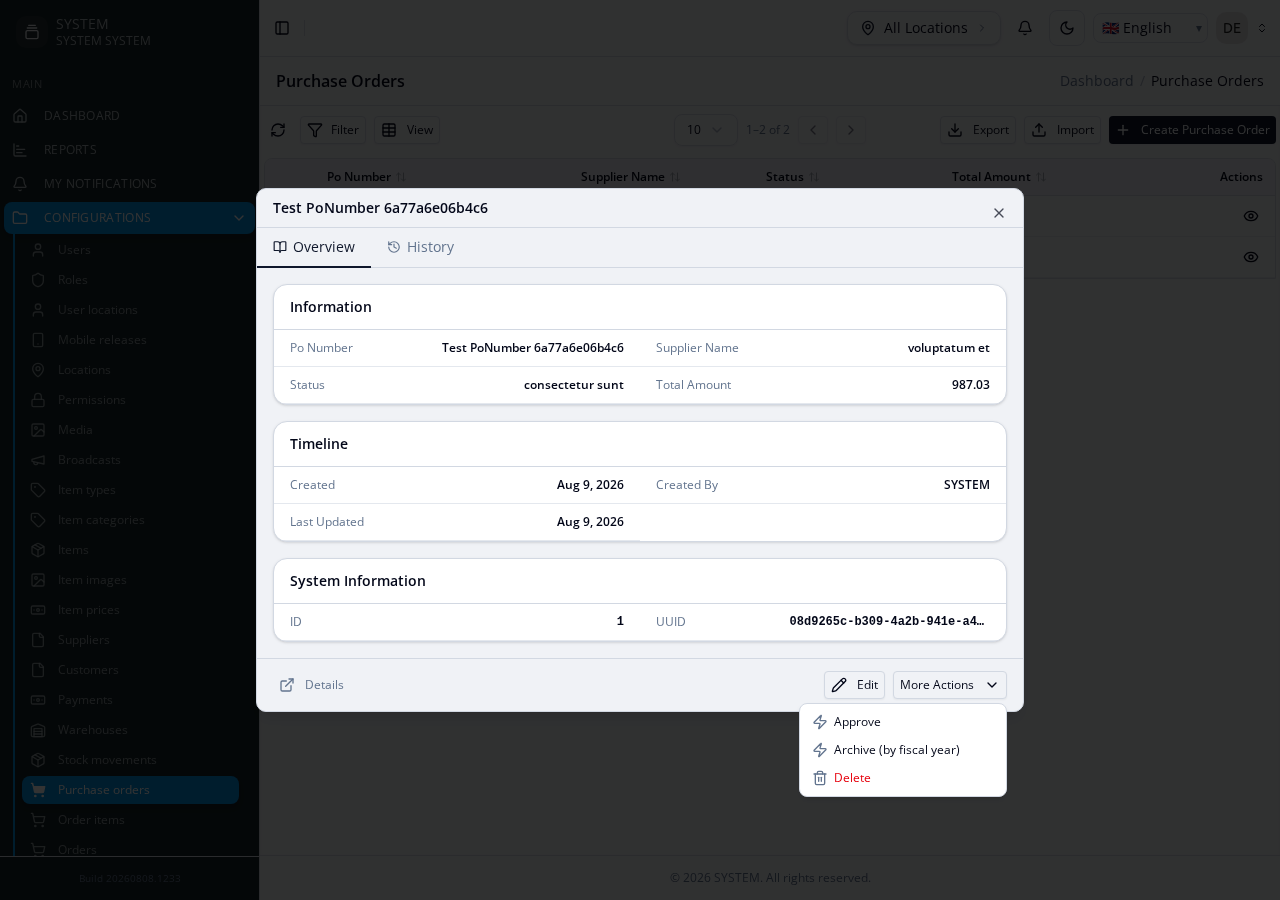 PurchaseOrders view modal, More Actions menu — both custom actions listed