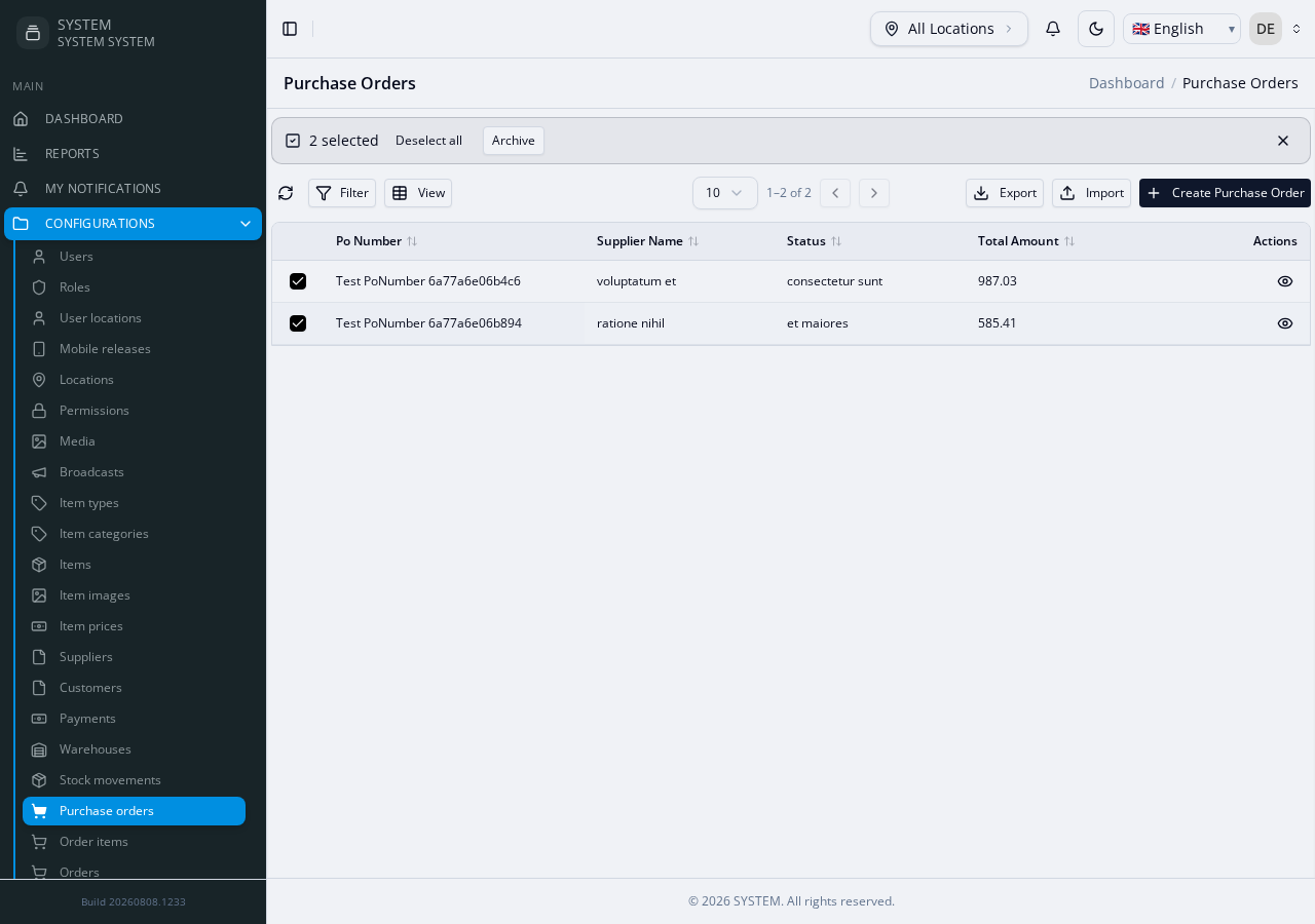 PurchaseOrders list — two rows checked, the bulk-action toolbar (Archive) appears