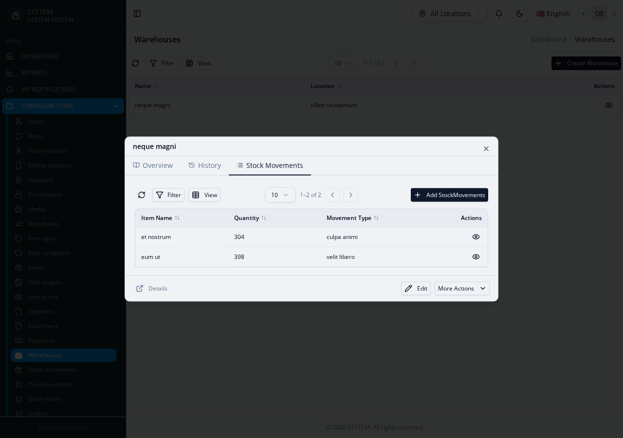 Warehouses view modal, Stock Movements tab — an independent, scoped CRUD list embedded as a tab