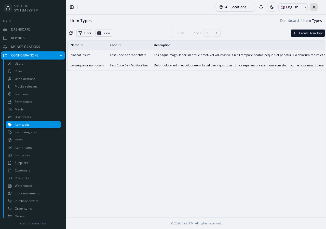 ItemTypes list page — a plain lookup table, no relationship columns