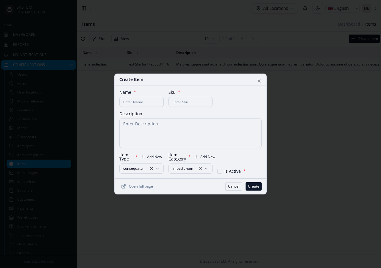 Items create form — two FK pickers (Item Type, Item Category), each resolved and filled