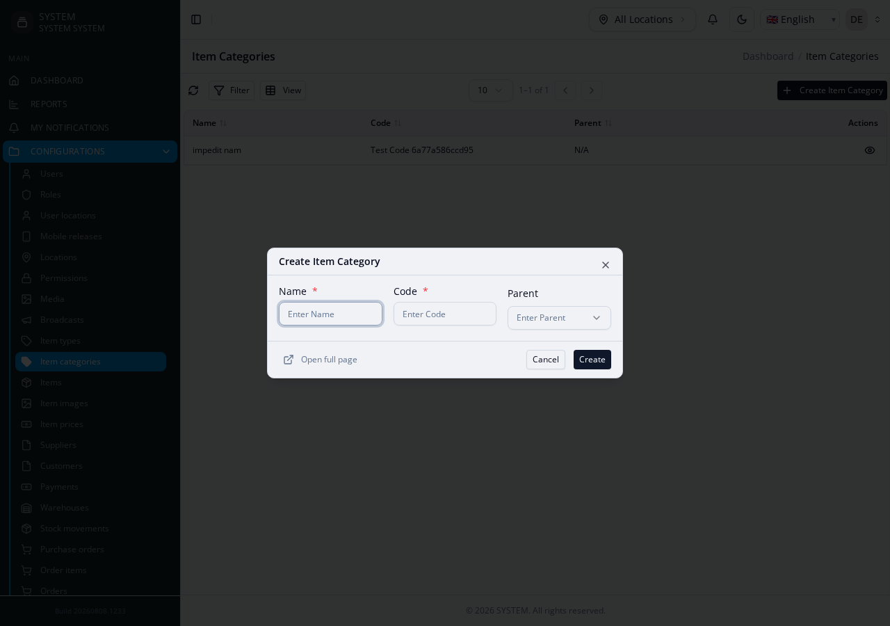 ItemCategories create form — a self-referential Parent Category picker