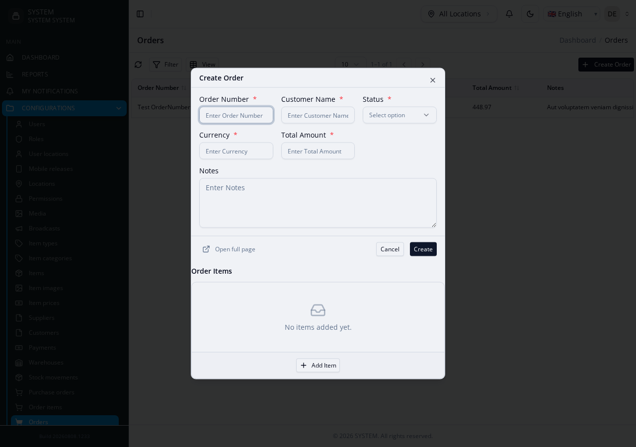 Orders create form — an "Order Items" section embedded below the main fields, empty, with an Add Item button