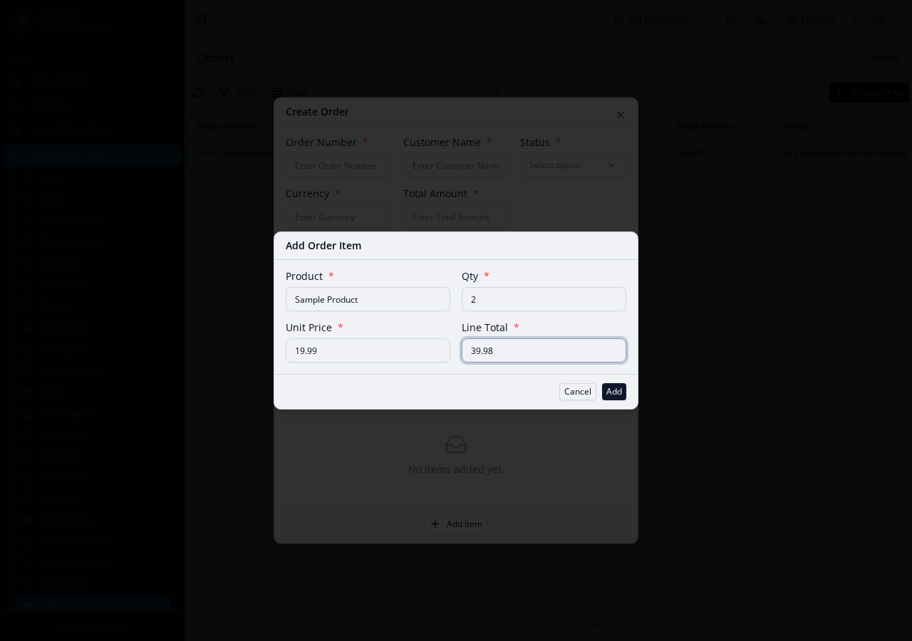 The Add Item modal — Product/Qty/Unit Price/Line Total fields, filled in
