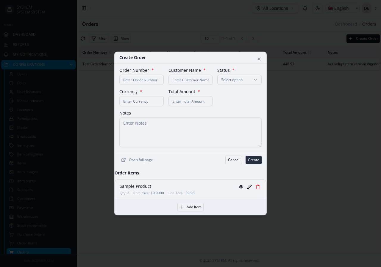 Orders create form after adding one item — the row shown inline, with an Add Item button for the next one